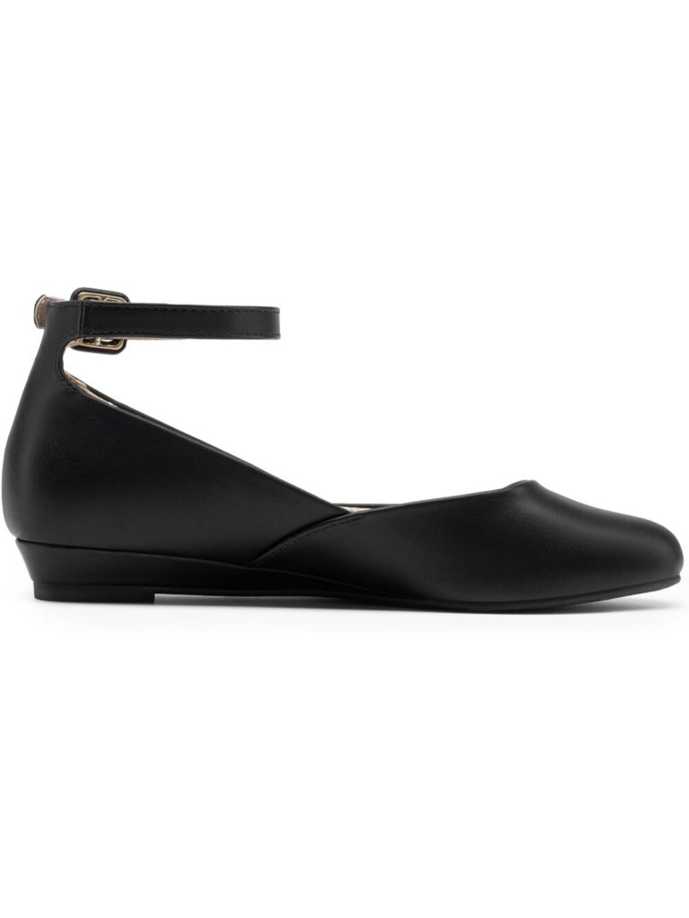 Women's Black PU Ankle Strap Ballet Flat Low Wedge Round Toe Comfortable Shoes - Picture 4 of 6